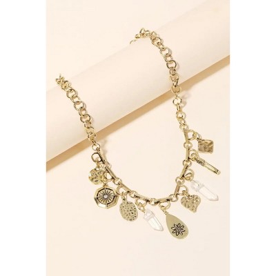 Slickblue Gold Chain Necklace, Mixed Charms With Crystal Accents, Retro Boho Style Jewelry, 16"+2"