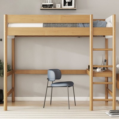 NicBex Twin Size Loft Bed with Desk Wooden Bed Frame with Ladder, Upholstered Headboard and Footboard for Bedroom, No Box Spring Required