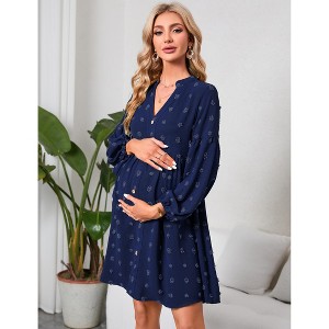 Maternity Swiss Dot Dress V Neck Long Sleeve Button Down Baby Shower Midi Dress Photoshoot - 1 of 4