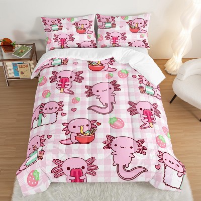 Acoinel 3 Pcs Cute Axolotls Lightwight Ultra Soft Comforter Set with 2 Pillowcases, Pink