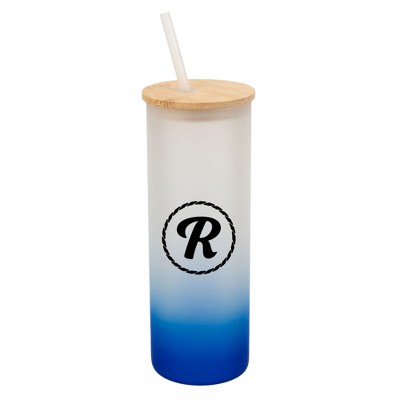 Elanze Designs R Monogram Letter Initial Rope Circle Wrap-Around Design 25 Ounce Frosted Gradient Glass On-The-Go Coffee Travel Skinny Tumbler Mug