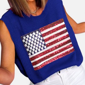 Amaryllis Women's Sleeveless Knit Sweater Tank Sequin American Flag  Pullover Lightweight - 1 of 4