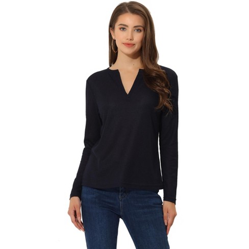 Allegra K Women's Waffle Long Sleeve Trendy V Neck Slim Fit Top Navy Blue  Large