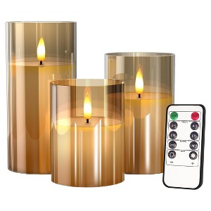 Itopfox Glass Battery Operated LED Flameless Candles with Remote Timer Real Wax Flickering Warm Light for Home Party Decor 3 Piece Gold D3in H4in - 1 of 4