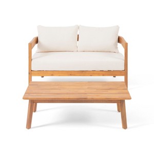 GDFStudio Burrough Outdoor Acacia Wood Loveseat and Coffee Table Set with Cushions - 1 of 4