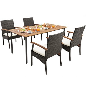 Costway 5PCS Patio Wicker Dining Set Cushion Acacia Wood Armchairs Table with Umbrella Hole - 1 of 4