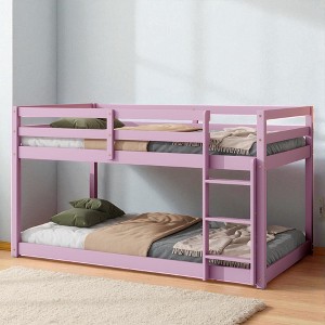 Mshliw Solid Rubber Wood Twin over Twin Floor Bunk Bed with Ladder, Low Height Wooden Bunk Bed Frame with Strengthened Slats and Guardrails - 1 of 4