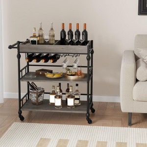 Gray 3-Tier Rolling Metal Bar Cart – Built-In Wine Rack & Removable Tray, Functional Serving Cart for Kitchen, Dining Room & Living Room - 1 of 4