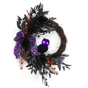 COZONY 22 Inch Halloween Wreath with Lighted Eyes, Black Prelit Wreath with Artificial Roses & Willow Leaves for Indoor Outdoor Decor - 1 of 4