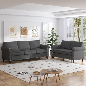 Mjkone 2-Piece Living Room Set with Rivet Design,Linen Fabric 3-Seater Sofa Couch with Loveseat Sofa - 1 of 4