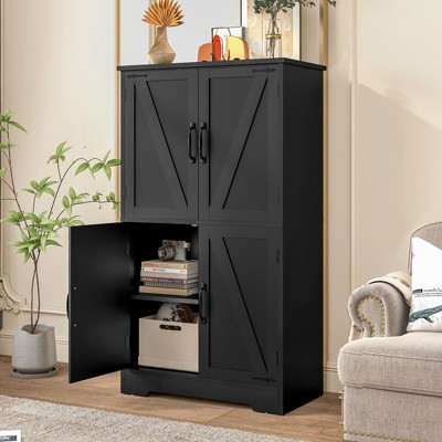 USIKEY Farmhouse Storage Cabinet with 2 Adjustable Shelves, Bathroom Cabinet with 4 Doors, Kitchen Cabinets, Cupboard for Kitchen, Living Room