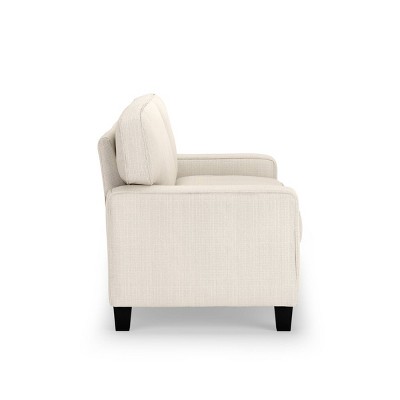 Beige Leather Track Arm Loveseat with Pillow Back