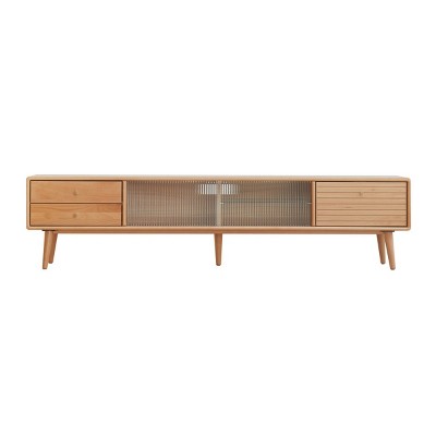 Modern Solid Beech TV Cabinet,TV Console with Glass Doors and Storage Drawers,Wooden Living Room Media Console TV Cabinet-Cuddlewood