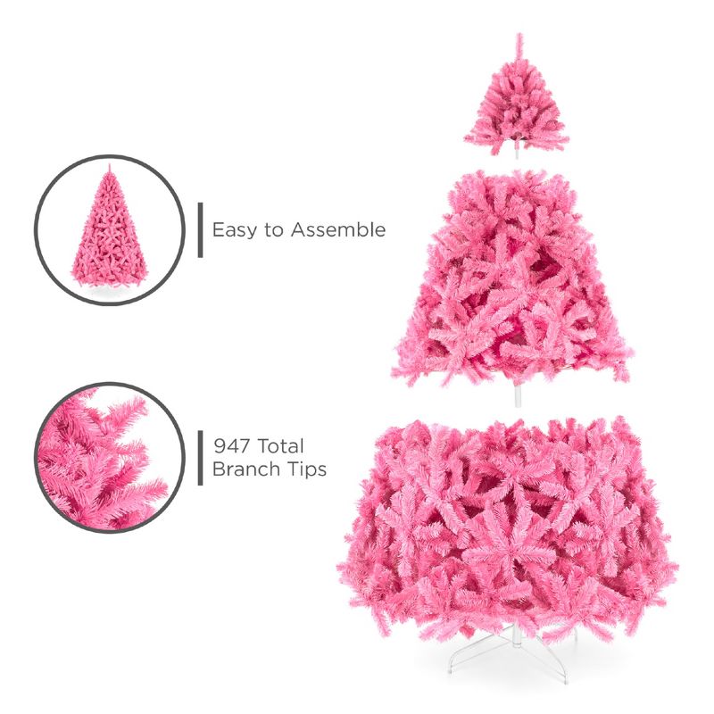 Best Choice Products Artificial Pink Christmas Full Tree Festive Holiday Decoration w/ Stand, 4 of 12