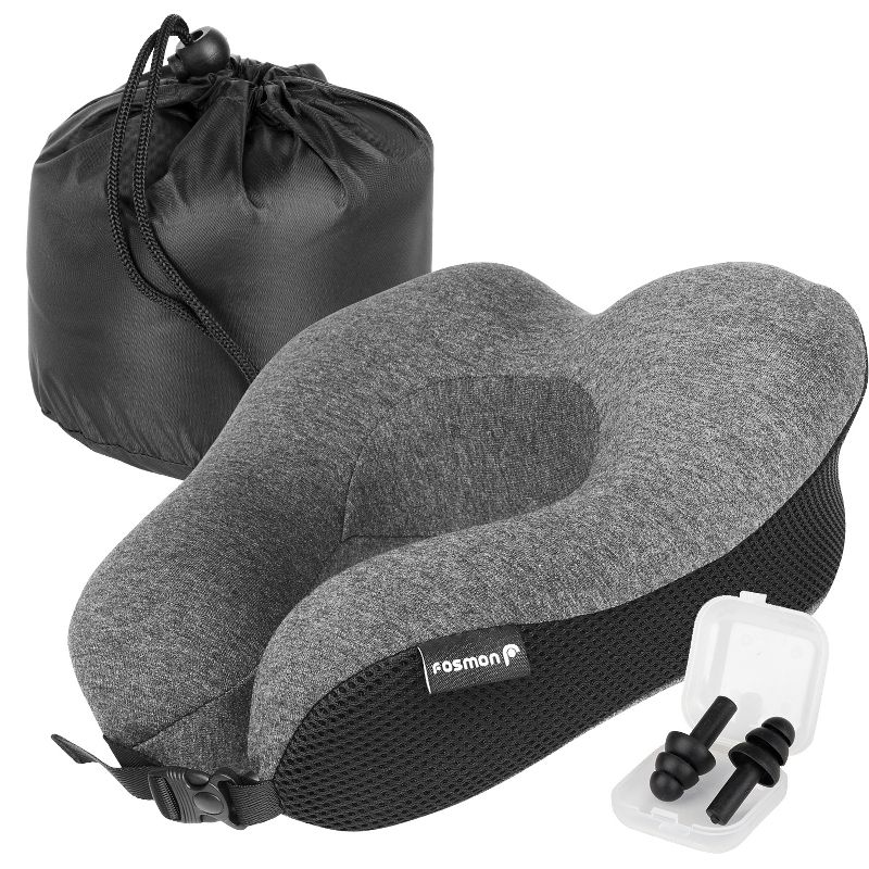 Fosmon Foldable Memory Foam Travel Neck Pillow with Washable Cover and Ear Plugs - Dark Gray/Black, 1 of 11