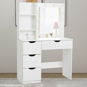 Modern Vanity Desk with Mirror, Power Outlet, 4 Drawer & Three Level Storage, Adjustable Lighting Modes - 1 of 4