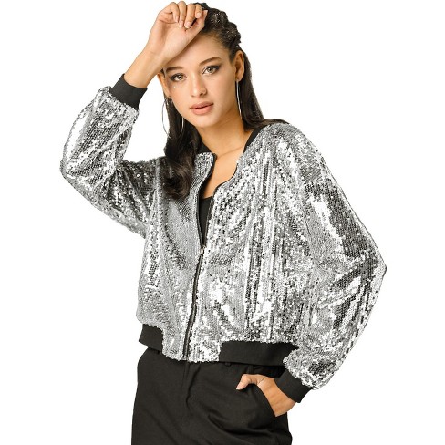 Allegra K Women's Holographic Fashion Stand Collar Metallic Lightweight Zip  Bomber Jacket Silver X-Large