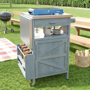 BAOURE 40.5" Outdoor Grill Cart with Stainless Steel Top, Solid Wood Storage Cabinet with Drop Leaf, Lockable Wheels - Blue Grey - 1 of 4