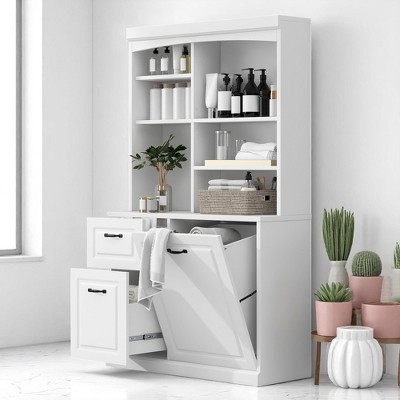 Tall Bathroom Storage Cabinet, 2 Drawers, Adjustable Shelves, and Open Cubbies, MDF Linen Tower for Laundry Room or Closet