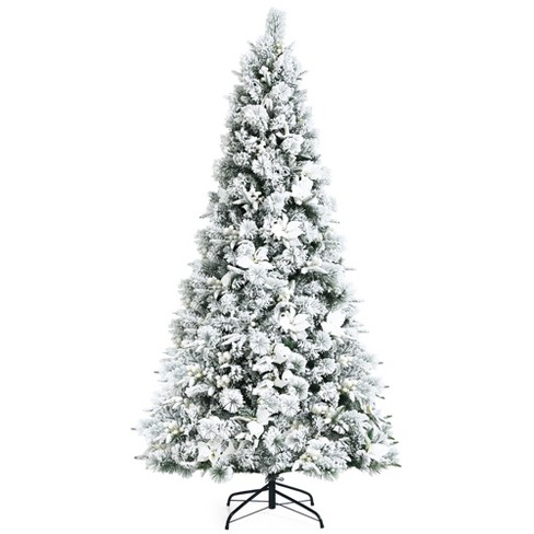 Costway 7ft Snow Flocked Hinged Christmas Tree W/berries & Poinsettia ...