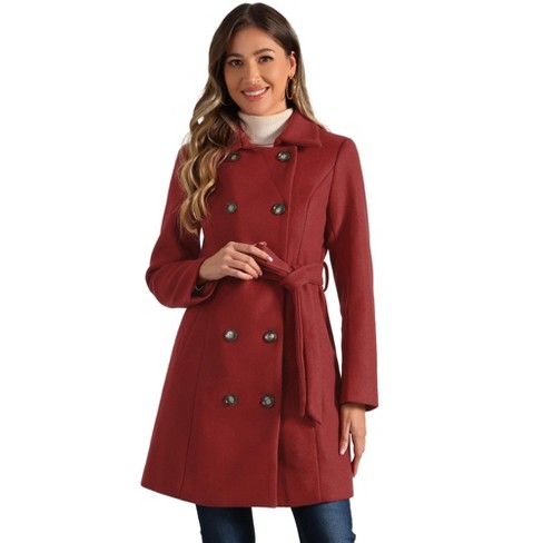 Inspire Chic Women s Winter Peter Pan Collar Double Breasted Slant Pocket Button Down Belted Pea Coats Dark Red Small Target