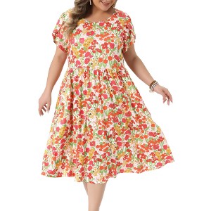 Women's Plus Size Floral Print Crew Neck Tulip Short Sleeve Flowy Summer A Line Midi Dresses with Pockert- Agnes Orinda - 1 of 4