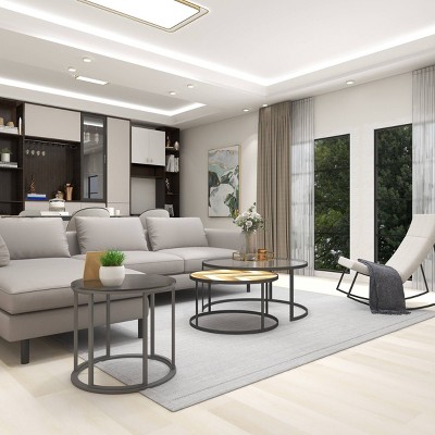 Gray and Brown Round Wood and Glass Nesting Coffee Tables