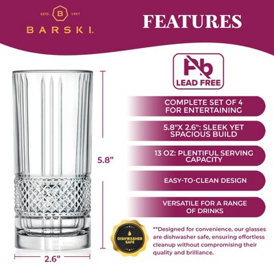 Barski Brilliante Design Clear Crystal Highball Glasses Set of 4