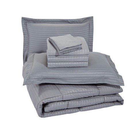 Plazatex Embossed Dobby Stripe 8 Pieces Comforter Bed In A Bag Set Queen Gray
