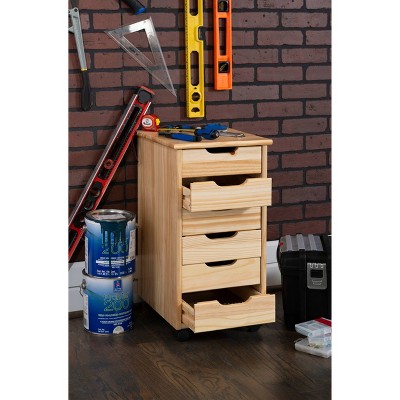 Natural Wood 6-Drawer Rolling Storage Cart