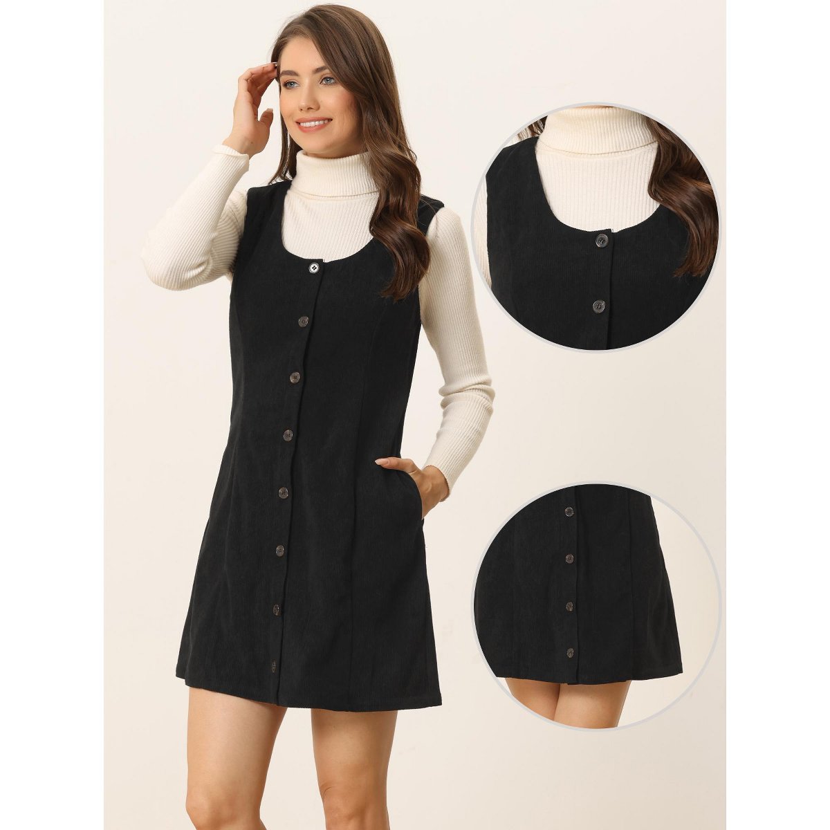 Женские платья INSPIRE CHIC Women's Corduroy Button Down Scoop Neck Pockets Casual Pinafore Overall Dress Black Medium — фото 2