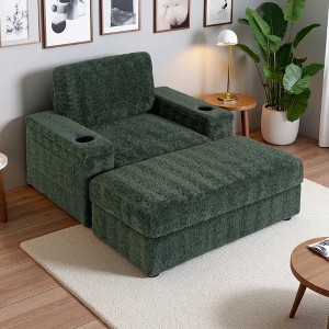 42" Faux Rabbit Fur Oversized Chaise Lounge Chair with Storage Ottoman and Cup Holders - 1 of 4