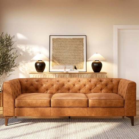 Poly Bark 89 Essex Sofa Cognac Tan Vintage Full grain Leather Tufted Back Solid Wood Legs Target