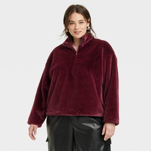 Women's Faux Fur Quarter Zip Sweatshirt - A New Day™ Burgundy 2X