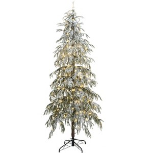 LuxenHome Pre-Lit Snowy Branches Slim Artificial Cedar Christmas Tree with Metal Stand - 1 of 4