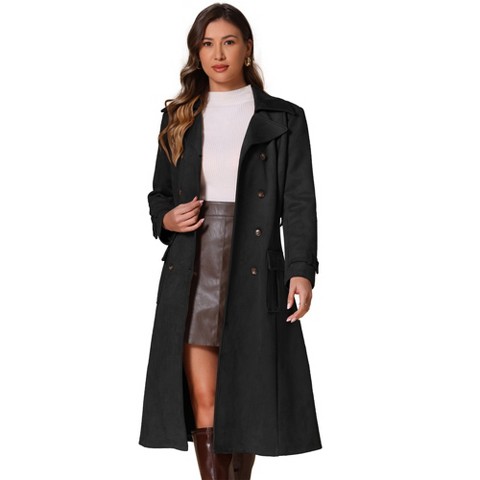 INSPIRE CHIC Women's Faux Suede Notched Lapel Double Breasted Belted Long Sleeve Trench Coat Medium Black