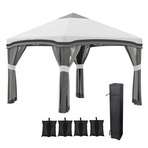 Outsunny 10' x 10' Pop Up Canopy with Nettings, Foldable Party Tent with  Wheeled Carry Bag and 4 Sand Bags, Gray