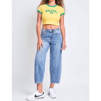 Women's Baggy Cropped Frayed Barrel Jeans - YMI