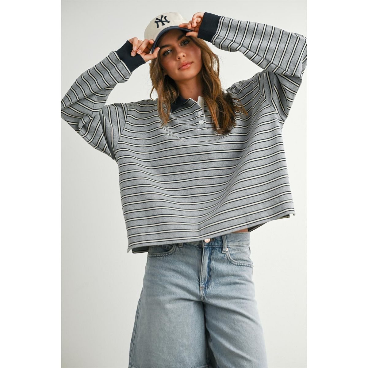 BUTTERMELON Womens Quarter-Button Striped Collared Long Sleeve Top