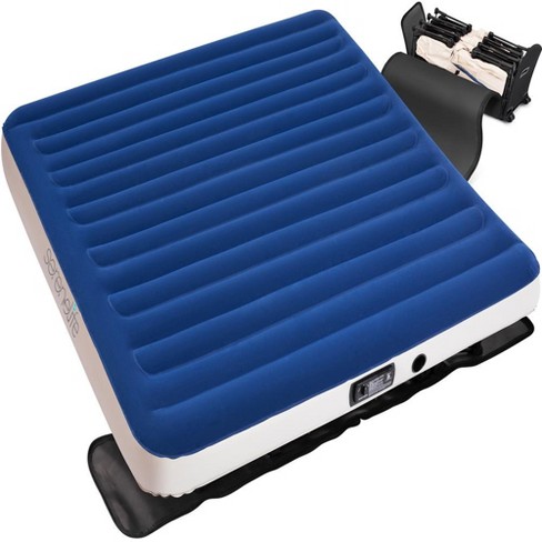 SereneLife EZ Bed Inflatable Air Mattress with Frame Luxury Self Inflating Blow Up Guest Airbed Cot with Rolling Case Steel Stand Blue White