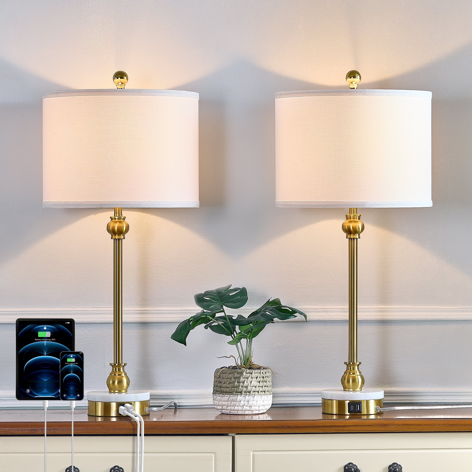 Maxax 28.3" Marble Table Lamp Set of 2 with USB & Type-C Ports, 2-Way Elegant Bedside Lamps for Living Room, Bedroom, Antique Bronze