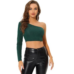 Allegra K Women's Party Glitter Metallic Slim Fitted One Shoulder T-Shirt - 1 of 4
