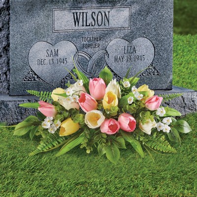 Springtime Pink, Yellow, and White Tulip Memorial Arrangement Stake