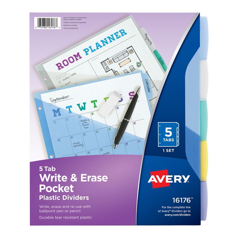 Avery® Write & Erase Durable Plastic Dividers with Pockets, 5-Tab Set, Multicolor, 3 Sets, 2 of 10