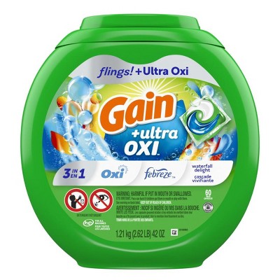 Gain Flings Ultra Oxi Laundry Detergent Pacs, 60 Count, Waterfall Delight Scent, 3-in-1, HE Compatible