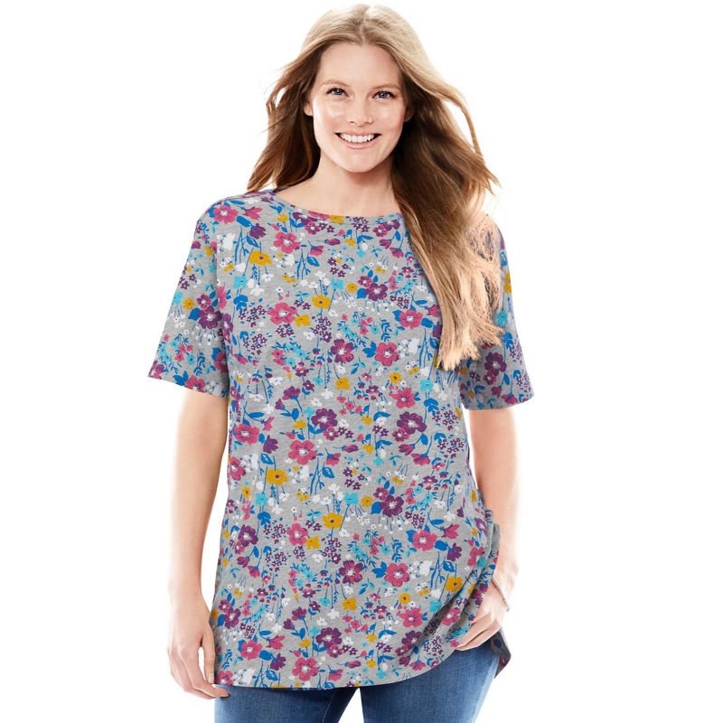 Woman Within Women's Plus Size Perfect Printed Short-Sleeve Boatneck Tunic, 1 of 3
