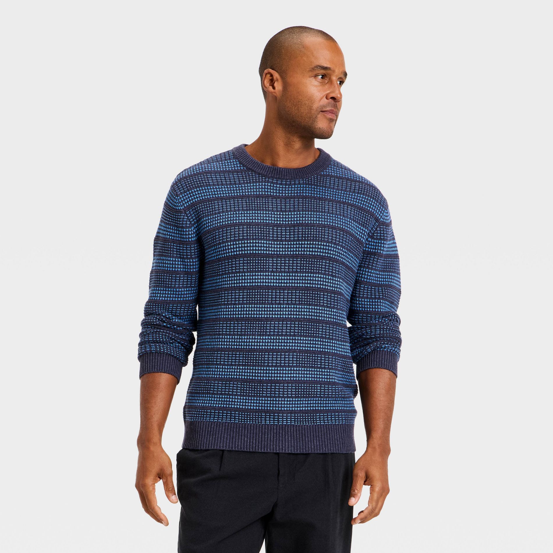 Men's Long Sleeve Textured Crewneck Sweater - Goodfellow & Co™ Navy Blue Striped