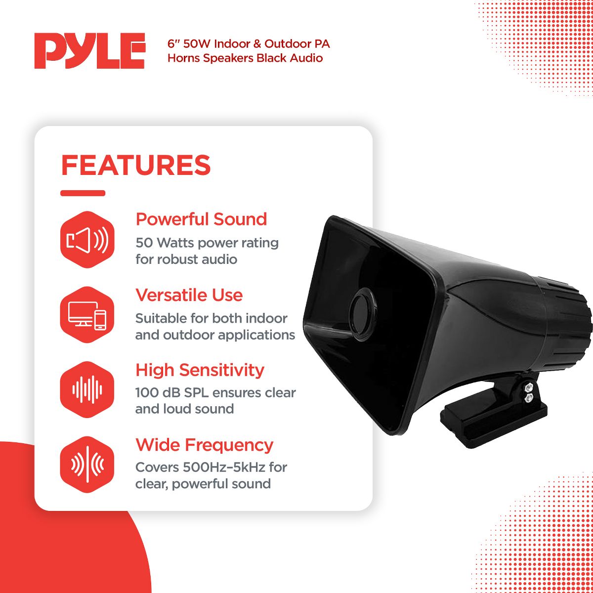 Pyle 6" Portable PA Horn Speaker for Indoor or Outdoor Use with 50W Peak Power, Lightweight and Compact Design and Broad Sound Coverage, Black, 4 Pack - thumbnail 2