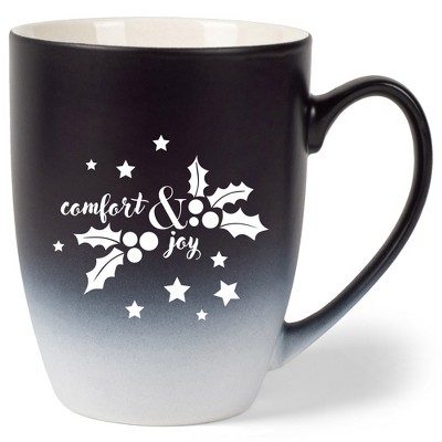 Elanze Designs Comfort & Joy Two Toned Ombre Matte Black and White 12 ounce Ceramic Stoneware Coffee Cup Mug