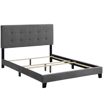 Elegant Gray Velvet Upholstered Full Platform Bed with Tufted Headboard